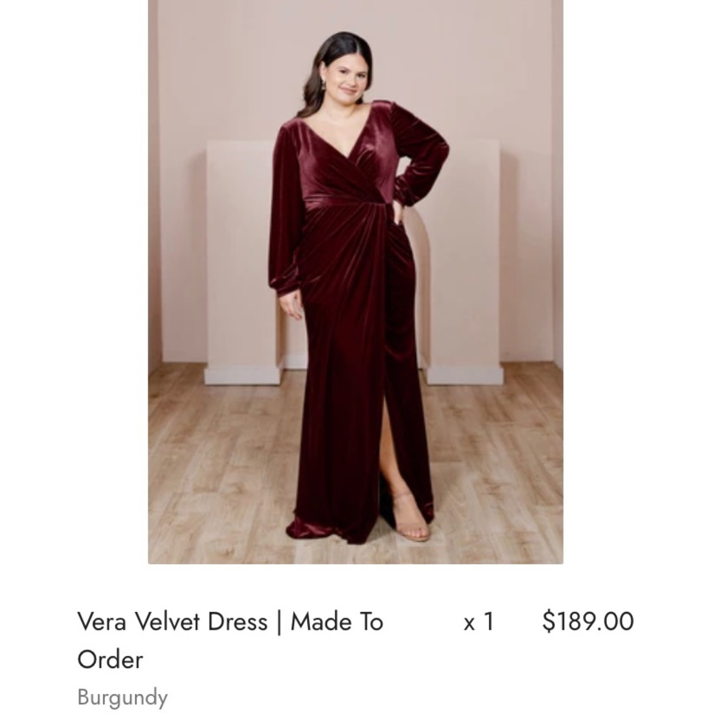 Vera Velvet Dress 
size:14
Burgundy 610
length:Regular Maxi: 46 in waist to hem